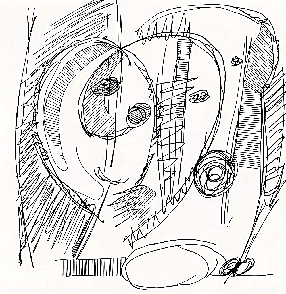 Pen-ink line drawing of overlapping faces