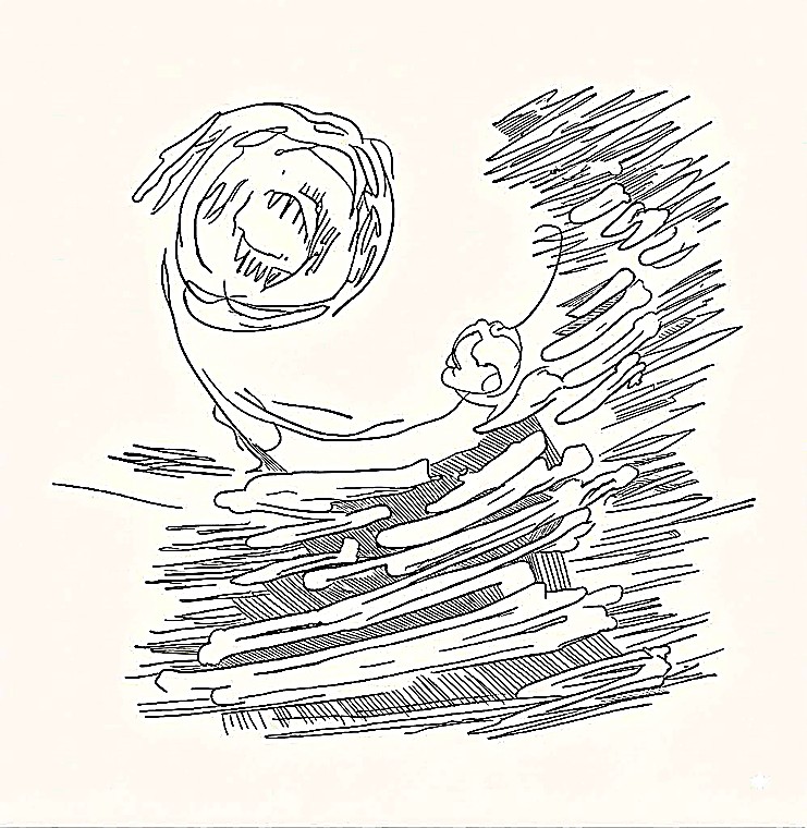 Pen-ink line drawing, swirl and wave forms