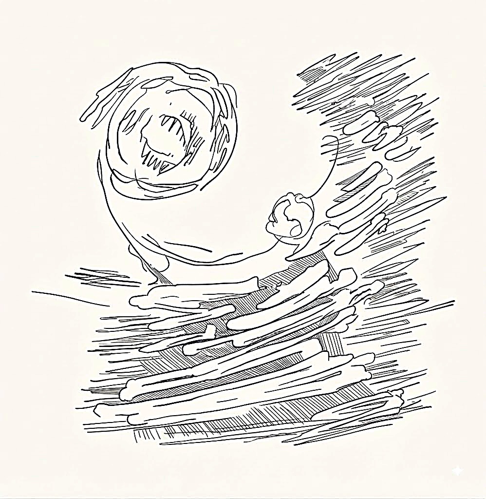 Pen-ink line drawing, swirl and wave forms